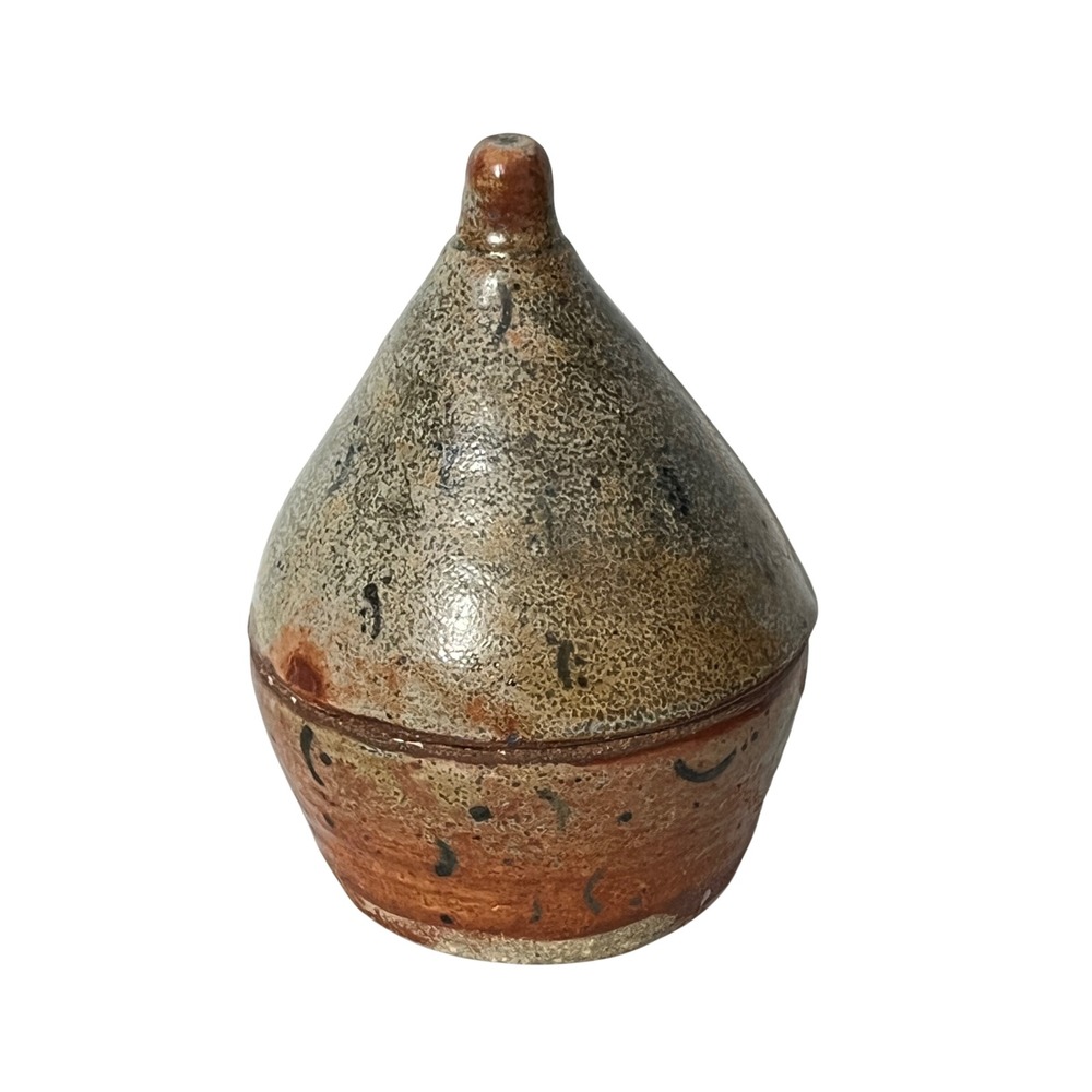 Vintage Studio Pottery Lidded Jar  Brown Green Salt Glaze Conical Vessel